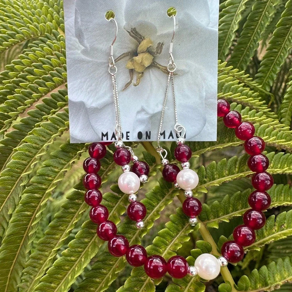 AAA Red Jade Beads Freshwater Pearl Handmade Dangle Earrings 925 Sterling Silver